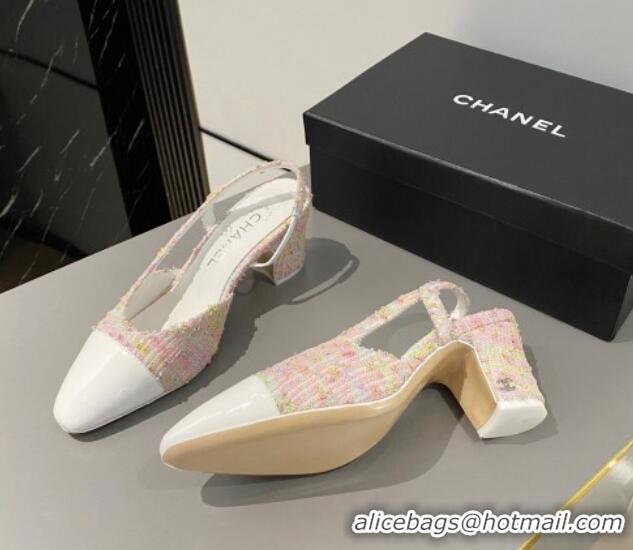 Stylish Chanel Tweed & Patent Calfskin Slingbacks Pumps 6.5cm G31318 White/Pink 423125