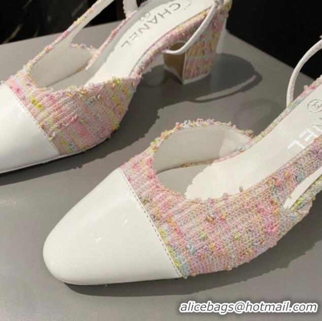 Stylish Chanel Tweed & Patent Calfskin Slingbacks Pumps 6.5cm G31318 White/Pink 423125