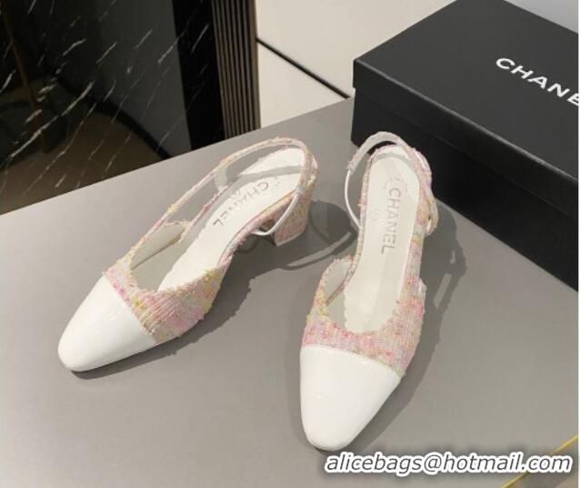 Stylish Chanel Tweed & Patent Calfskin Slingbacks Pumps 6.5cm G31318 White/Pink 423125