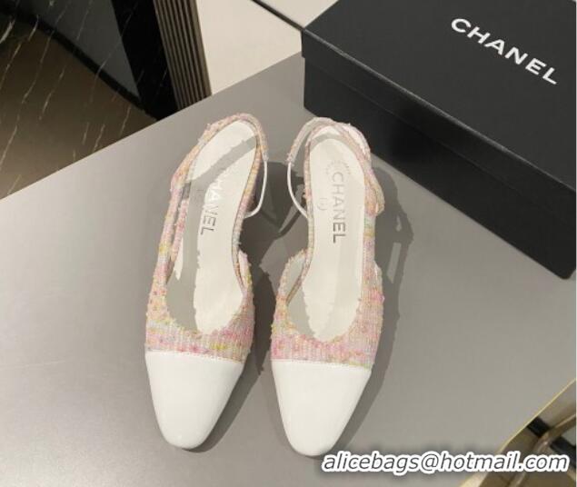 Stylish Chanel Tweed & Patent Calfskin Slingbacks Pumps 6.5cm G31318 White/Pink 423125