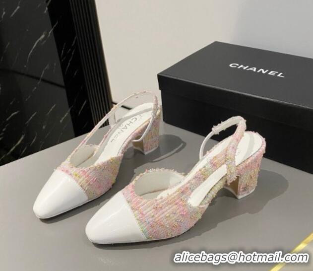 Stylish Chanel Tweed & Patent Calfskin Slingbacks Pumps 6.5cm G31318 White/Pink 423125