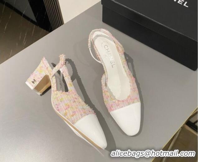 Stylish Chanel Tweed & Patent Calfskin Slingbacks Pumps 6.5cm G31318 White/Pink 423125