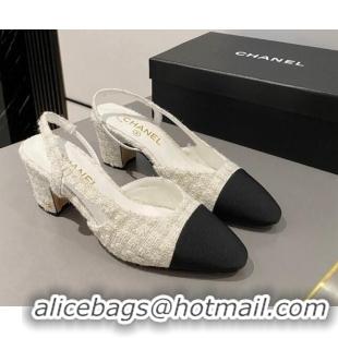 Top Design Chanel Tweed & Grosgrain Slingbacks Pumps 6.5cm G31318 White/Black 423128