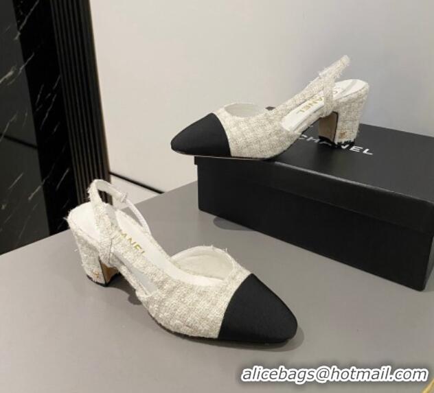 Top Design Chanel Tweed & Grosgrain Slingbacks Pumps 6.5cm G31318 White/Black 423128