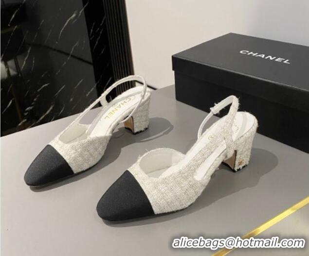 Top Design Chanel Tweed & Grosgrain Slingbacks Pumps 6.5cm G31318 White/Black 423128