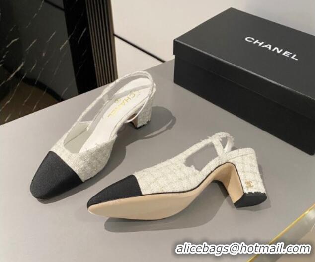 Top Design Chanel Tweed & Grosgrain Slingbacks Pumps 6.5cm G31318 White/Black 423128