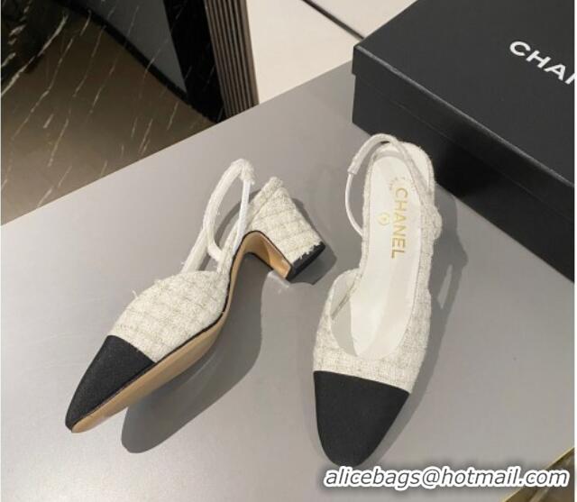 Top Design Chanel Tweed & Grosgrain Slingbacks Pumps 6.5cm G31318 White/Black 423128