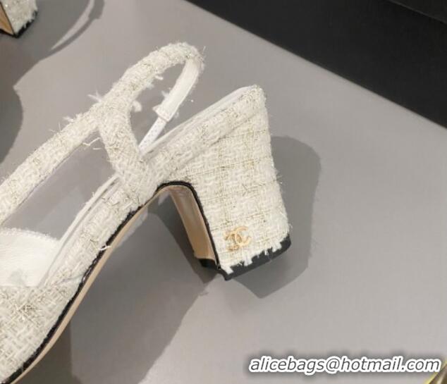 Top Design Chanel Tweed & Grosgrain Slingbacks Pumps 6.5cm G31318 White/Black 423128