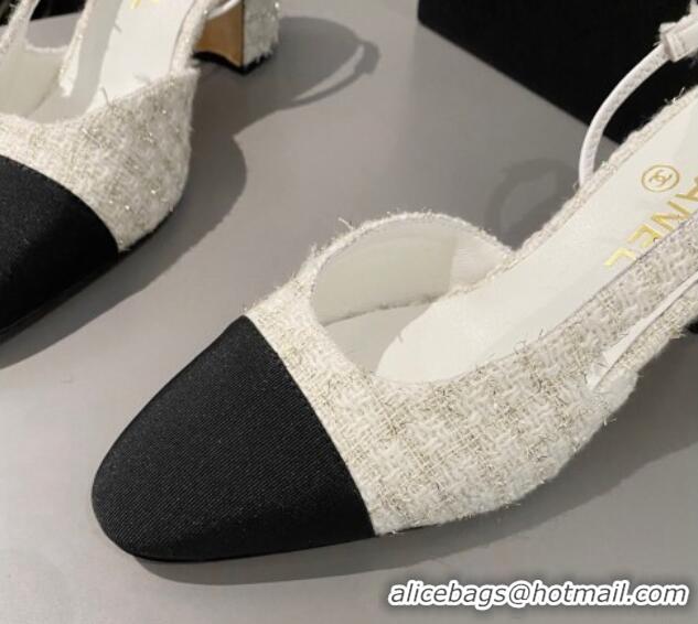 Top Design Chanel Tweed & Grosgrain Slingbacks Pumps 6.5cm G31318 White/Black 423128