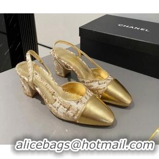 Popular Style Chanel Sequins & Calfskin Slingbacks Pumps 6.5cm G31318 Gold 423127