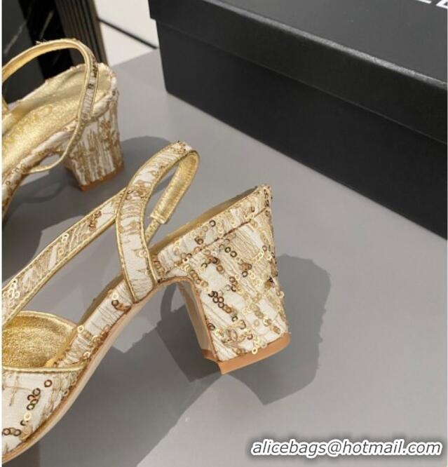 Popular Style Chanel Sequins & Calfskin Slingbacks Pumps 6.5cm G31318 Gold 423127