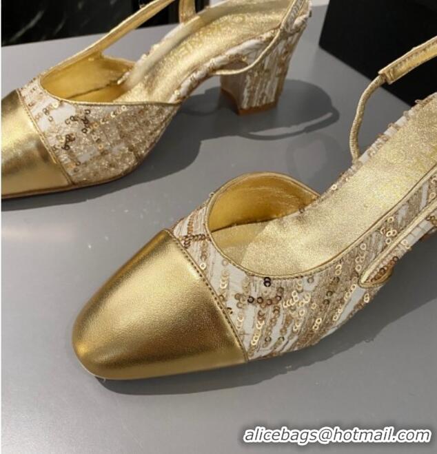 Popular Style Chanel Sequins & Calfskin Slingbacks Pumps 6.5cm G31318 Gold 423127