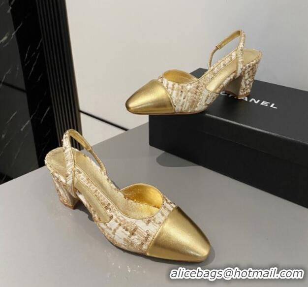 Popular Style Chanel Sequins & Calfskin Slingbacks Pumps 6.5cm G31318 Gold 423127