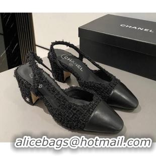 Good Looking Chanel Tweed & Calfskin Leather Slingbacks Pumps 6.5cm G31318 Black 423129