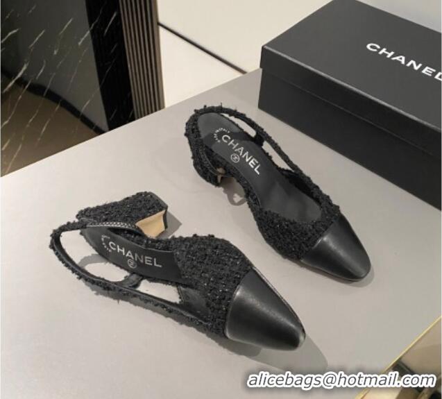 Good Looking Chanel Tweed & Calfskin Leather Slingbacks Pumps 6.5cm G31318 Black 423129