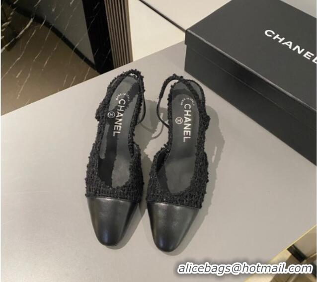 Good Looking Chanel Tweed & Calfskin Leather Slingbacks Pumps 6.5cm G31318 Black 423129