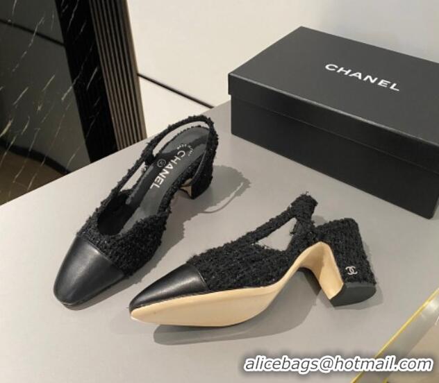 Good Looking Chanel Tweed & Calfskin Leather Slingbacks Pumps 6.5cm G31318 Black 423129