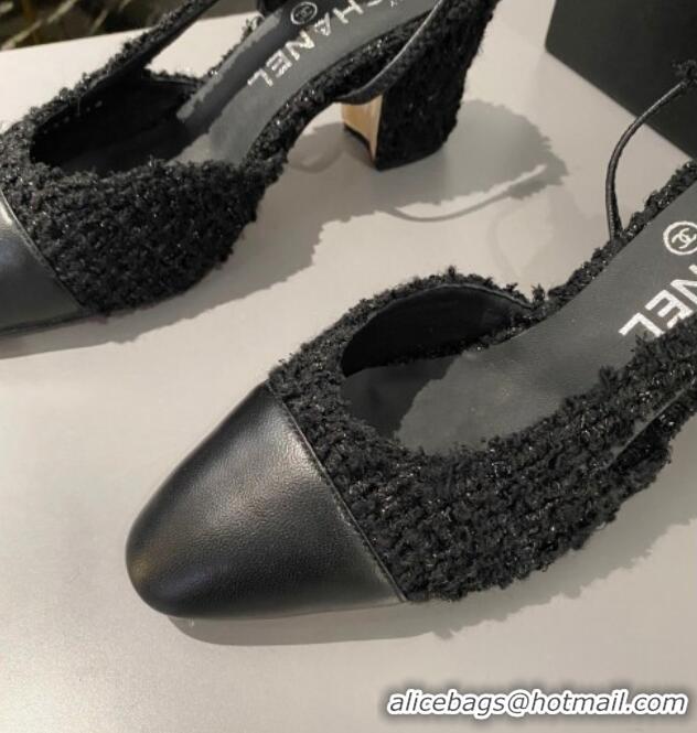 Good Looking Chanel Tweed & Calfskin Leather Slingbacks Pumps 6.5cm G31318 Black 423129