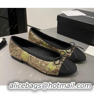 Best Product Chanel Sequins & Grosgrain Ballet Flat with Bow G45591 Gold 423132