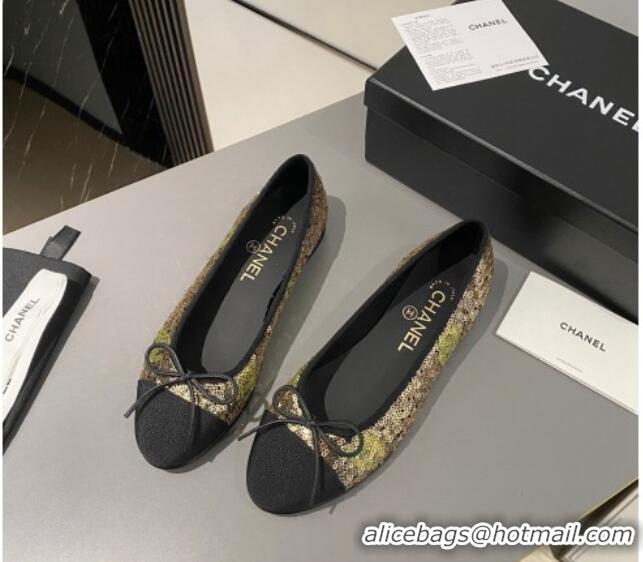 Best Product Chanel Sequins & Grosgrain Ballet Flat with Bow G45591 Gold 423132