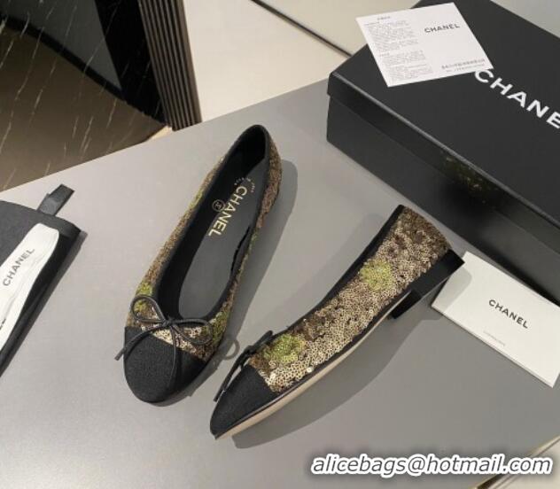 Best Product Chanel Sequins & Grosgrain Ballet Flat with Bow G45591 Gold 423132