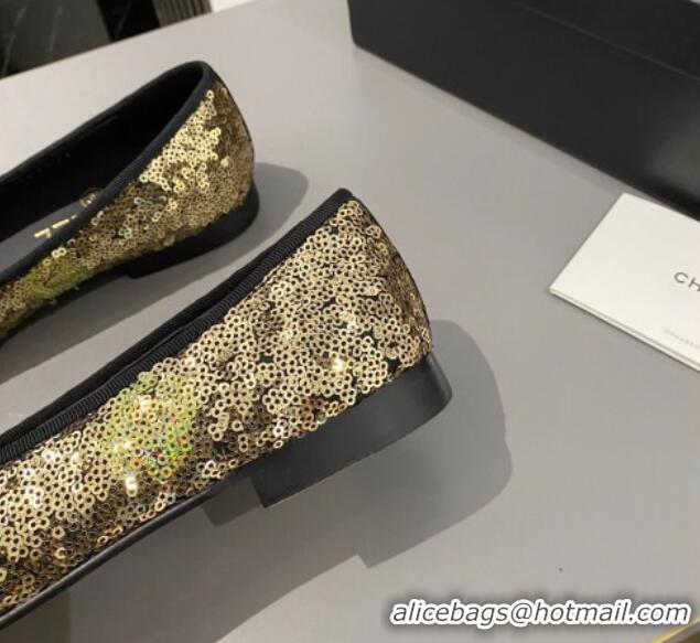 Best Product Chanel Sequins & Grosgrain Ballet Flat with Bow G45591 Gold 423132