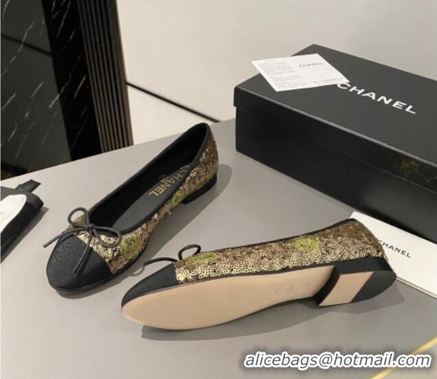 Best Product Chanel Sequins & Grosgrain Ballet Flat with Bow G45591 Gold 423132