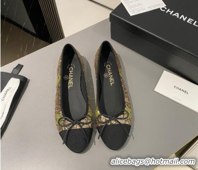 Best Product Chanel Sequins & Grosgrain Ballet Flat with Bow G45591 Gold 423132