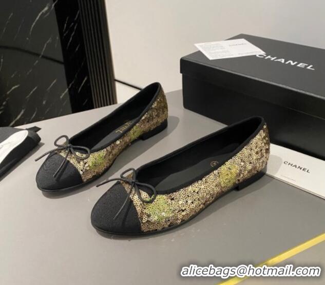 Best Product Chanel Sequins & Grosgrain Ballet Flat with Bow G45591 Gold 423132