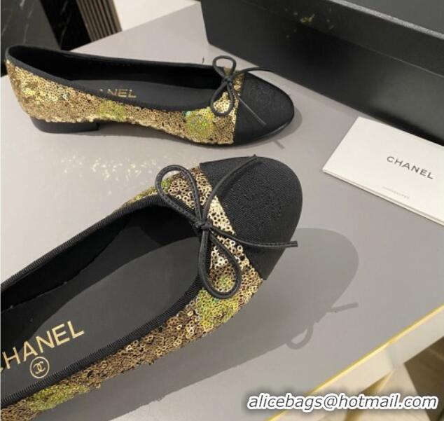 Best Product Chanel Sequins & Grosgrain Ballet Flat with Bow G45591 Gold 423132