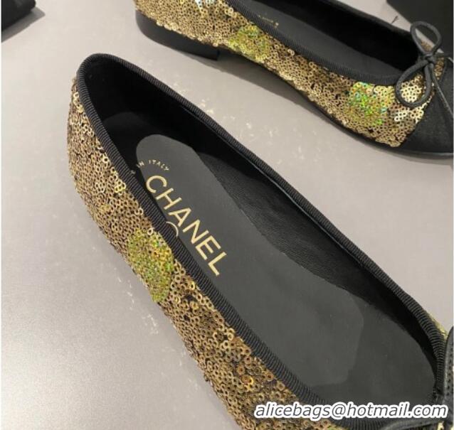 Best Product Chanel Sequins & Grosgrain Ballet Flat with Bow G45591 Gold 423132