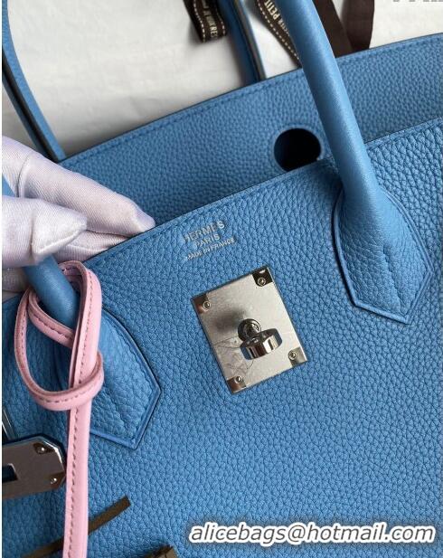 Top Grade Hermes Birkin 30cm Bag in Original Togo Leather H30 Paradiso Blue/Silver 2024 (Full Handmade)