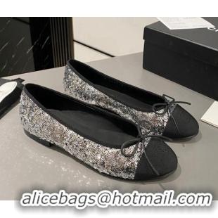 Pretty Style Chanel Sequins & Grosgrain Ballet Flat with Bow G45591 Silver 423133