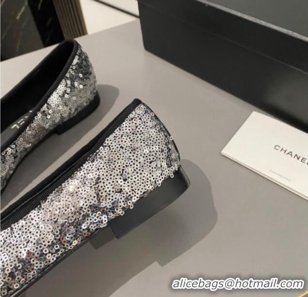 Pretty Style Chanel Sequins & Grosgrain Ballet Flat with Bow G45591 Silver 423133