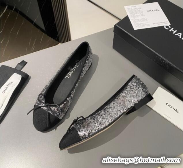 Pretty Style Chanel Sequins & Grosgrain Ballet Flat with Bow G45591 Silver 423133