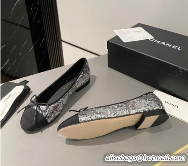 Pretty Style Chanel Sequins & Grosgrain Ballet Flat with Bow G45591 Silver 423133