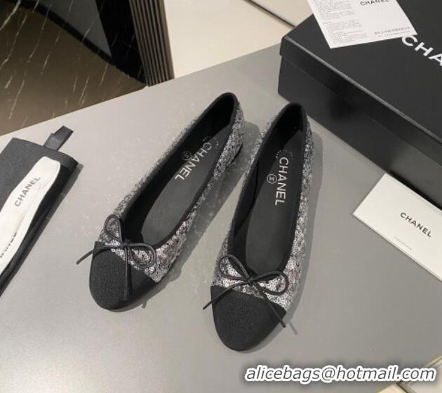 Pretty Style Chanel Sequins & Grosgrain Ballet Flat with Bow G45591 Silver 423133