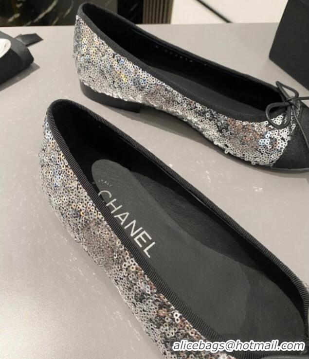 Pretty Style Chanel Sequins & Grosgrain Ballet Flat with Bow G45591 Silver 423133