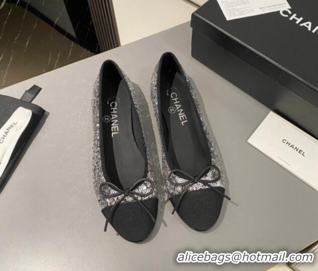 Pretty Style Chanel Sequins & Grosgrain Ballet Flat with Bow G45591 Silver 423133