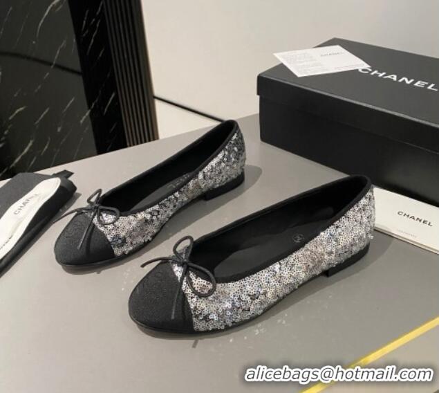 Pretty Style Chanel Sequins & Grosgrain Ballet Flat with Bow G45591 Silver 423133