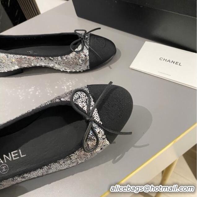 Pretty Style Chanel Sequins & Grosgrain Ballet Flat with Bow G45591 Silver 423133