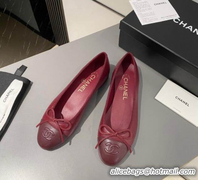 Charming Chanel Lambskin Ballet Flat with Bow G45591 Red/Burgundy 423134