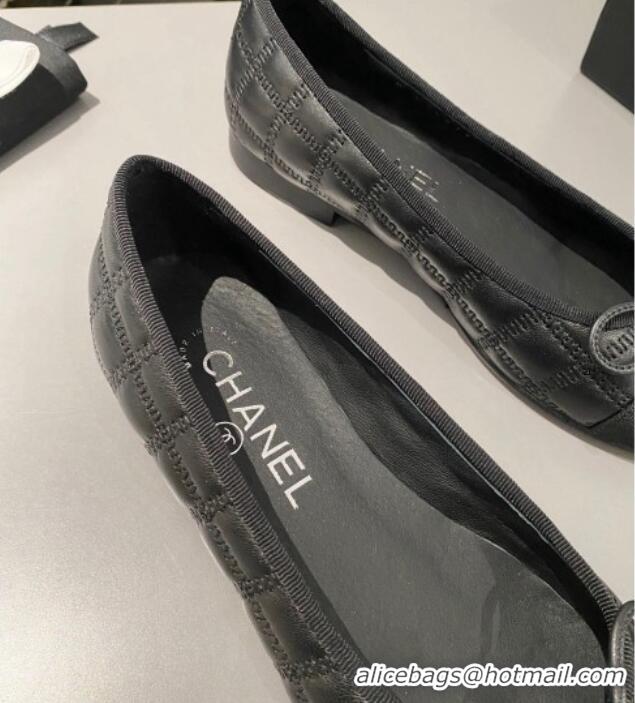 Stylish Chanel Quilted Lambskin & Grosgrain Ballet Flat with Bow G45591 Black 423135