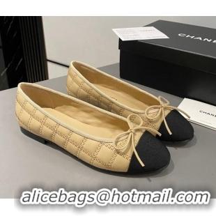 Super Quality Chanel Quilted Lambskin & Grosgrain Ballet Flat with Bow G45591 Beige 423137