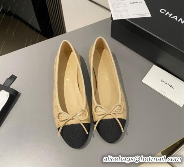 Super Quality Chanel Quilted Lambskin & Grosgrain Ballet Flat with Bow G45591 Beige 423137