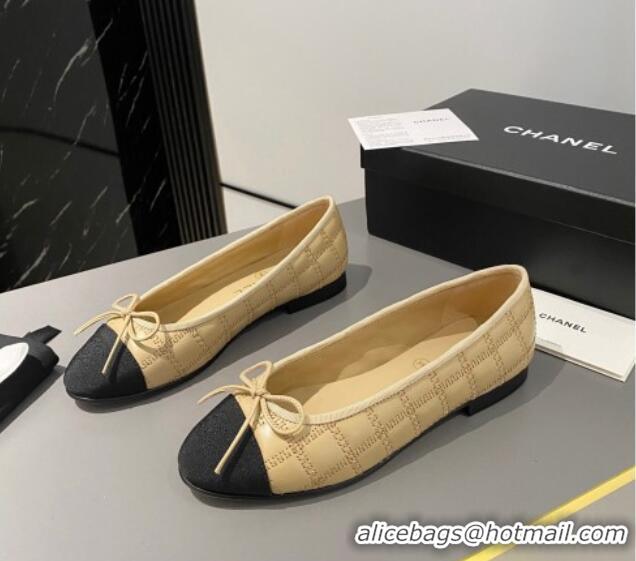 Super Quality Chanel Quilted Lambskin & Grosgrain Ballet Flat with Bow G45591 Beige 423137