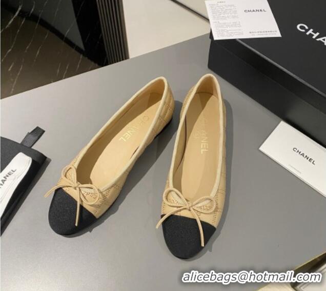 Super Quality Chanel Quilted Lambskin & Grosgrain Ballet Flat with Bow G45591 Beige 423137