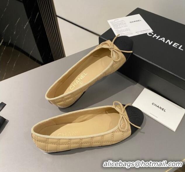 Super Quality Chanel Quilted Lambskin & Grosgrain Ballet Flat with Bow G45591 Beige 423137