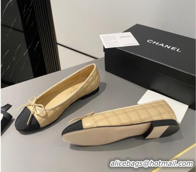 Super Quality Chanel Quilted Lambskin & Grosgrain Ballet Flat with Bow G45591 Beige 423137