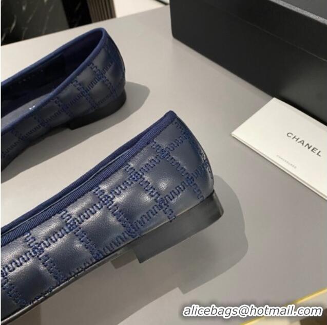 Top Quality Chanel Quilted Lambskin & Grosgrain Ballet Flat with Bow G45591 Dark Blue 423138